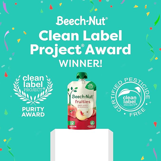 Beech-Nut Baby Food Pouches, Peach Apple Strawberry Fruit Puree Baby & Toddler Food, 3.5 oz (12 Pack)