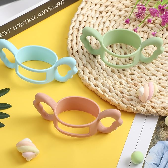3 Pack Baby Bottle Handles Silicone Wide Neck Feeding Handle Easy Grip Lightweight Bottle Handle Small Hand Gripping for Self Feeding(Pink, Green, Blue)
