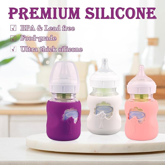 3 Pack Silicone Sleeves for Dr. Brown's Natural Glass Baby Bottles, Anti Breakage Baby Bottle Holder, Compatible Dr. Brown Wide-Neck Glass Baby Bottles 5 oz (White+Pink+Purple)
