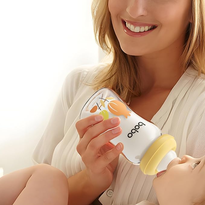 YOHKOH Natural Glass Baby Bottle with Level 1 Slow Flow Nipple, Newborn Anti-Colic Baby Bottles, Wide Neck Mushroom Baby Glass Bottle (Yellow, (5.4oz (Pack of 4))