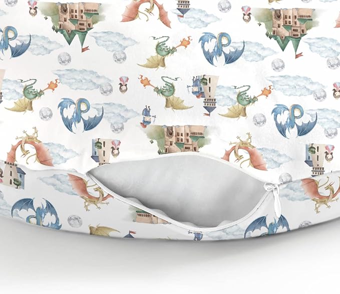 Fairytale Dragon and Knights Baby Nursing Pillow Covers for Boy Girl Fantasy Dragons Princess Castle Nursing Pillowcase for Breastfeeding Pillows Moon Clouds Soft Stretchy Slipcover for Newborn Infant