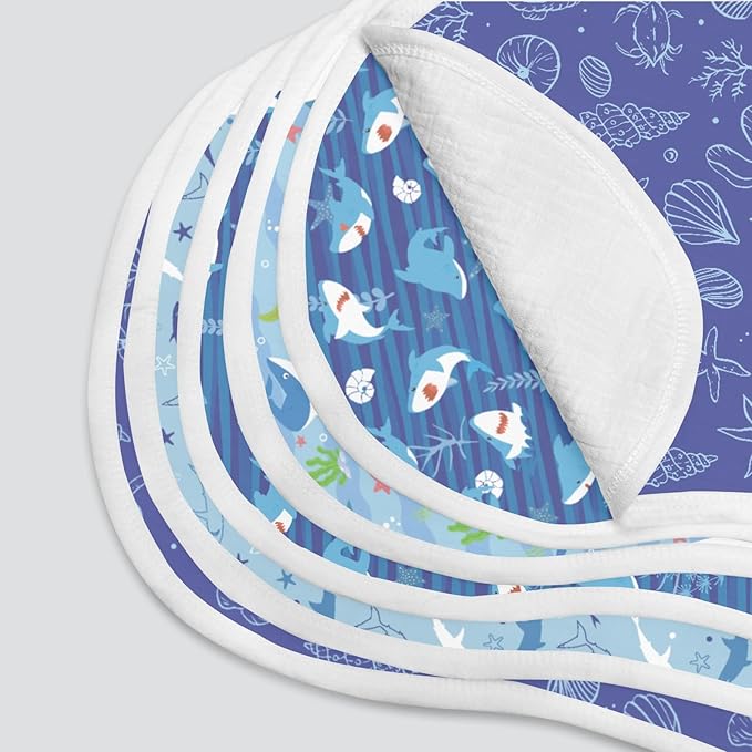 4pcs Baby Burp Cloths for Boys Girls Parent,100% Cotton Ocean Shark Collection Muslin Burping Cloths for Spitting Up,Newborn Infant (Blue Ocean Whale, 4PC)