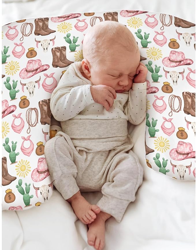 Pink Western Cowgirl Baby Nursing Pillow Covers for Girl Cowgirls Boots Hat Horse Cactus Sun Cow Skulls Nursery Slipcover for Breastfeeding Pillows Wild West Soft Stretchy Cover for Newborn Infant