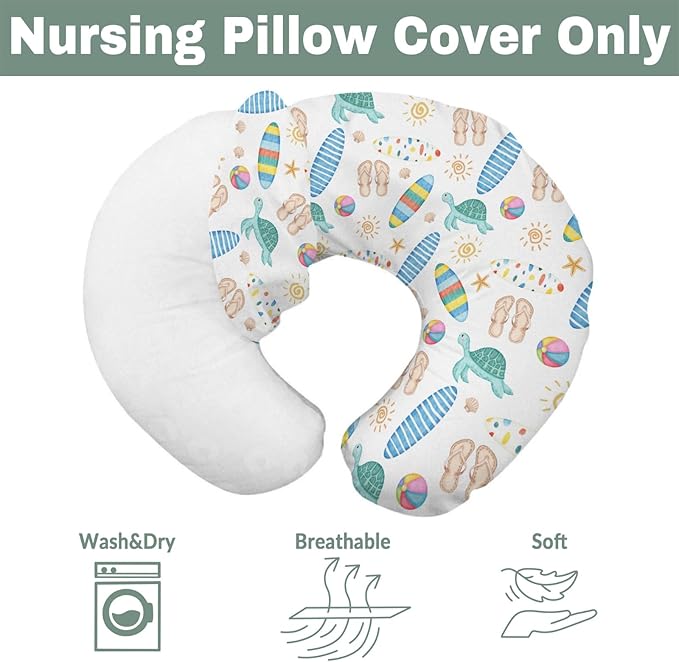 Boho Surf Summer Baby Nursing Pillow Covers for Boy Girl Colorful Surfboards Sun Starfish Conch Turtle Nursing Pillowcase for Breastfeeding Pillows Tropical Beach Soft Stretchy Slipcovers for Newborn