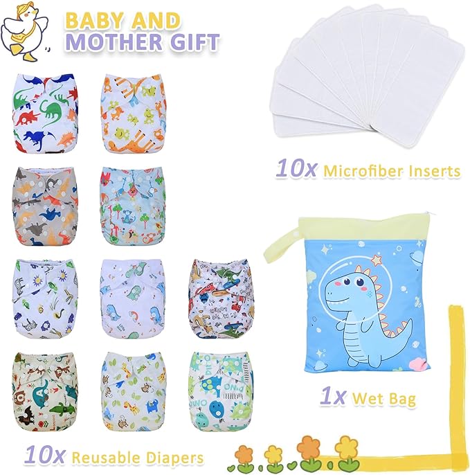 TDIAPERS Cloth Diaper Covers Reusable Washable Pocket Diapers One Size Adjustable for Baby 10 Pack with 10 Pcs Microfiber Inserts, 1 Wet Bag