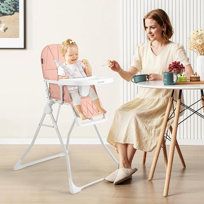 BABY JOY Foldable High Chair, Portable Highchairs for Babies and Toddlers with 3-Position Adjustable Tray & Footrest, Removable Seat Cushion, 5-Point Safety Harness, Space Saving Design (Pink)