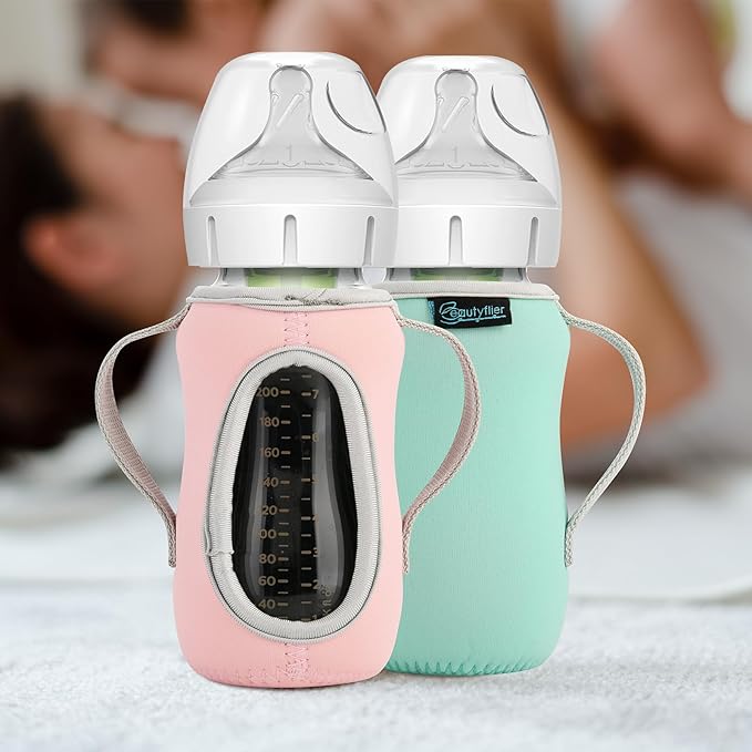 Beautyflier Glass Baby Bottle Sleeve Covers for Dr. Brown's Natural Flow Anti-Colic Wide-Neck Glass Baby Bottles, 3.3mm Thicken Heat and Cold Retention Baby Bottle Sleeve (Pink + Green, 9oz/270 mL)