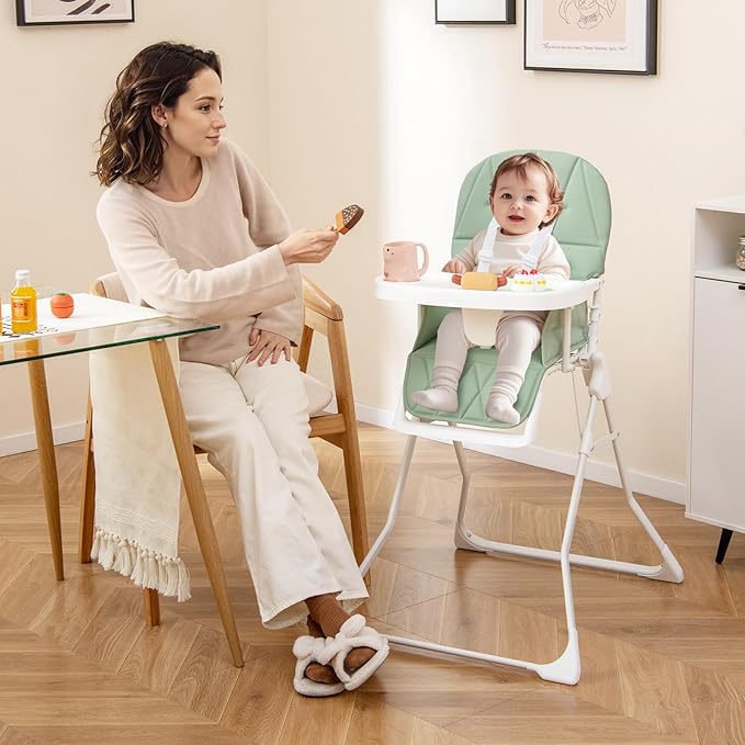 HONEY JOY High Chair, Foldable Baby Feeding Chair, Adjustable Tray & Footrest, Removable Easy-to-Clean PU Seat Cushion, 5-Point Harness, Cup Holder, Highchairs for Babies and Toddlers (Green)