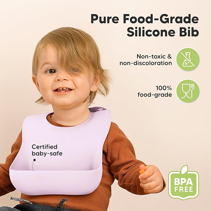 KeaBabies 2-Pack Silicone Bibs for Babies, Toddlers Girl, Boy – Sturdy Food-Grade Baby Bibs for Eating, Large Food Catcher, Clean & Put On Easily, Waterproof Toddler Feeding Essentials (Amethyst)