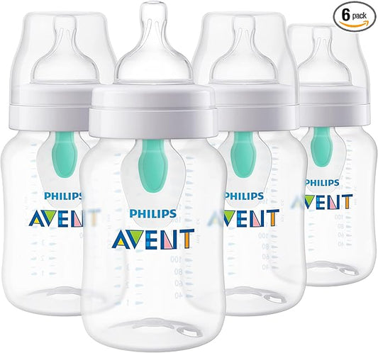 Philips Avent Anti-Colic Baby Bottle with AirFree Vent, 9oz, with Flow 2 Nipples, 1m+, 4 Count, Clear, SCY703/04 (Pack of 6)