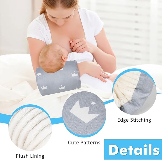 Baby Feeding Arm Pillow,Nursing Arm Pillows for Breastfeeding，Soft Cotton for Newborn, More Support for Mom and Baby,Portable and Washable,Ergonomic Nursing Essentials（Grey Crown）