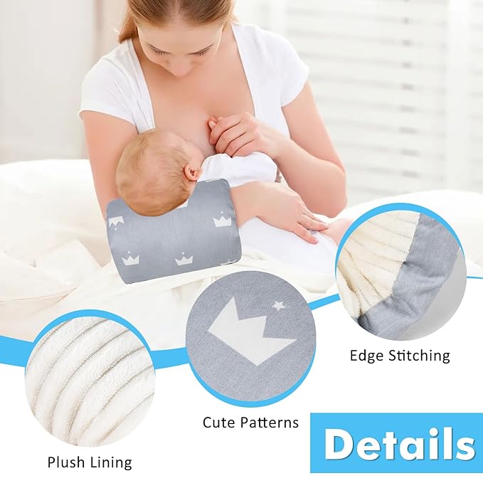 Baby Feeding Arm Pillow,Soft Cotton Bottle Nursing Arm Pillows for Newborn,Breastfeeding Pillows for More Support for Mom and Baby,Portable and Washable,Ergonomic Nursing Essentials(Grey Crown)