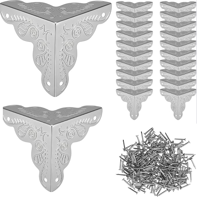 50Pcs Stair Dust Corner (0.98in/25mm) - Dust Catchers for Edge, Vintage Metal Corner Cover with Screws, Antique Silver Decorative Protectors for Walls Baseboards Jewelry Box Cabinets Table