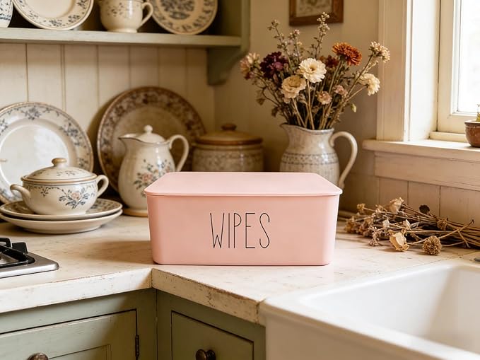 Moorfowl Baby Wipes Dispenser Bathroom Decor,7.28" L * 4.80" W * 2.75" H, Refillable Flushable Wipes Container Holder Baby Registry Essential (Pink WIPES)
