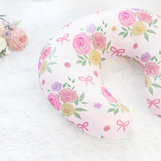 Nursing Pillow Cover, Floral Breastfeeding Pillow Cover for Baby Girls Boys, Soft Stretchy Nursing Pillowcase for Infant Newborn, Removable Slipcover for Nursing Pillows, Pink Rose(Only Cover)