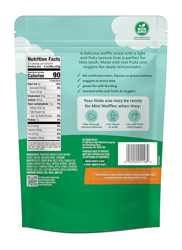 Beech-Nut Toddler Snacks, Mini Waffles with Hidden Veggies, Pumpkin Apple Cinnamon, Non-GMO, 3.2 oz Bag (7 Pack)