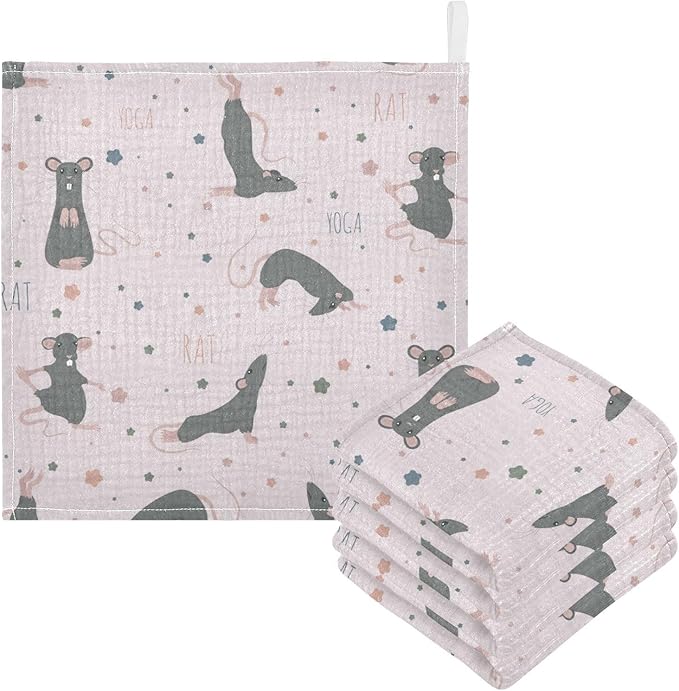 vvfelixl Rat Yoga Poses Baby Burp Cloths Baby Muslin Washcloths for Boys Girls Cotton Baby Face Towel for Newborn Infants Soft and Absorbent 11.8 X 11.8 in, 5 Pack
