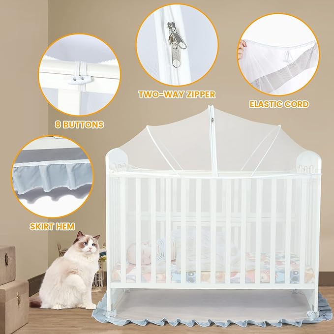 Orzbow Crib Tent to Keep Baby from Climbing Out | Breathable Pop Up Mosquito Net for Crib Net to Keep Baby in, Canopy with Upgrade Strong Rods and Durable Encrypted Mesh, White, Large
