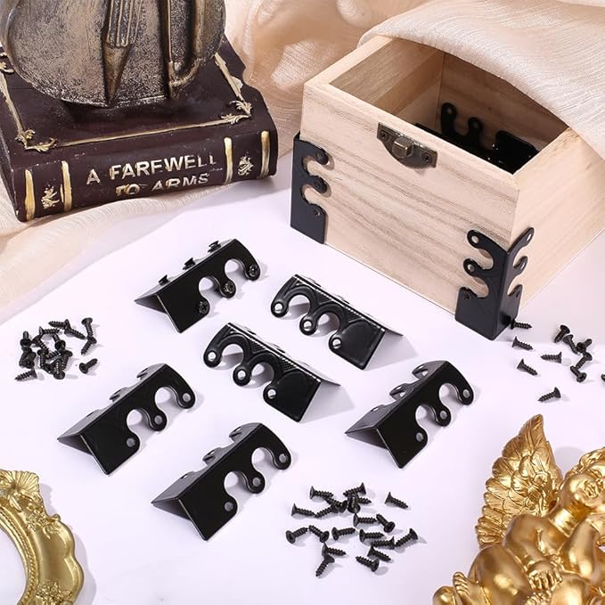 CRASPIRE 16Pcs Baseboard Corner Protectors Vintage Metal Rustic Decorative Guards Skirting Board Black Safety Bracket with Screws for Wood Furniture Table Wall Edge Cover File Boxes Bookshelves