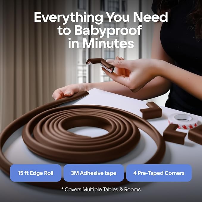 Furniture Edge 16.2ft & Corner Guards | Protective Foam Cushion | 15ft Bumper 4 Adhesive Childsafe Corners | Baby Child Proofing Foam Set for Table, Fireplace, Countertop | Brown
