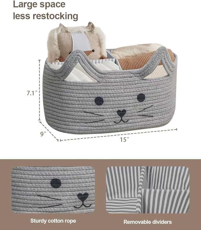 T&T Homewares Diaper Caddy Organizer, Cotton Rope Diaper Caddy Basket, Baby Shower Basket, Nursery Storage Bins, Newborn Caddie- Cat, Fox, Penguin (Grey Cat)