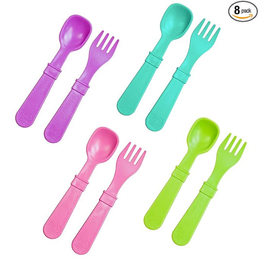 Re-Play Toddler Forks and Spoons Set - 4x4 Utensils Set for Kids - Dishwasher and Microwave Safe - Made in USA - Set of 8-5.8" x 1.2" x 0.2" - Mermaid