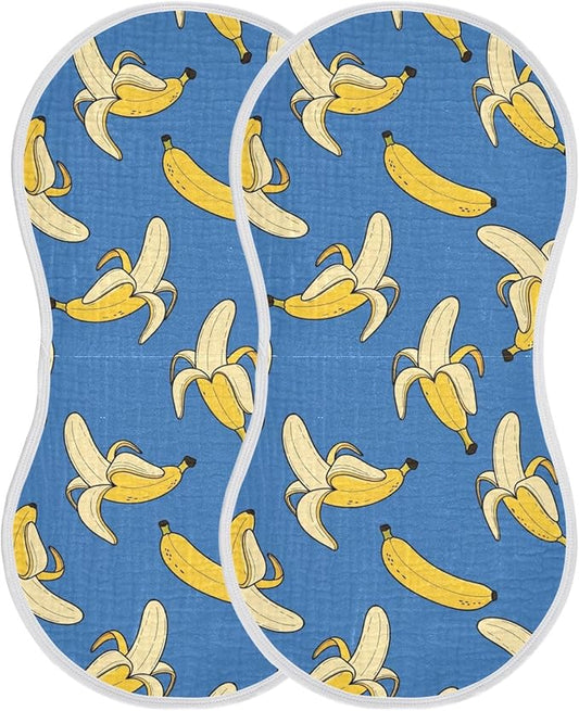 2 Pack Muslin Burp Cloths Cartoon Banana Blue Print Cotton Baby Burp Cloths Absorbent Soft Burping Cloth Washcloths for Newborn Babies 22x11 Inch