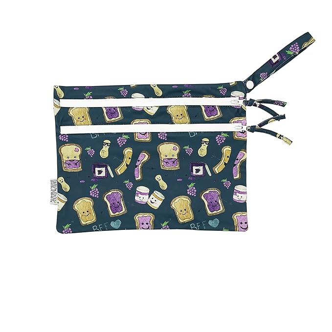 BapronBaby PBJ Pals Wet Dry Bag - Waterproof Two Zipper Pockets - Reusable for Mealtime, Diapers, Stroller, Snacks, Swimsuits - Machine Washable - 11" x 9"