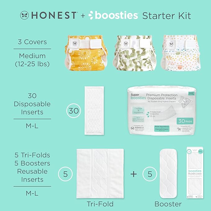 Honest Hybrid Cloth Diaper Cover + Super Boosties Disposable Inserts 30ct + Reusable Inserts, Medium (12-25 lbs), Cotton Muslin Honest Covers Feature Pocket-Sling, Starter Kit