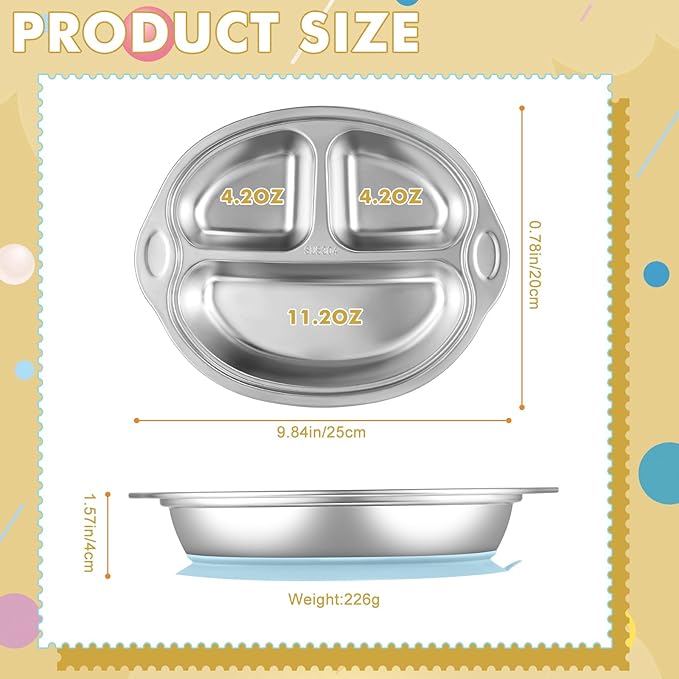 304 Stainless Steel Baby Plates Suction Plates for Baby Stainless Steel Plates for Kids with Suction Divided Designed for Feeding Children（Blue）