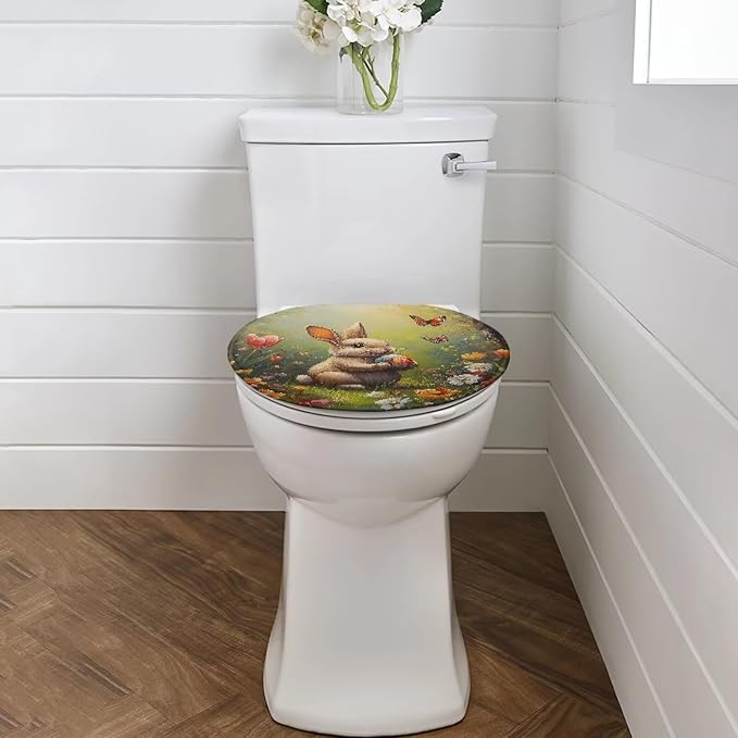 Easter Rabbit Toilet Cover Seat Pad Flannel Fabric Toilet Protector Cover Dustproof Elastic Edges Toilet Seat Cover Universal for Most Toilet Bowl Lids