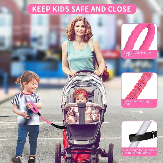 ONEDONE Stroller Handle for Toddler Travel 20" Stroller Strap for Kids to Hold Handle for Strollers, Wagons, Shopping Carts Soft Handle for Child Safety Keep Kids Close Pink