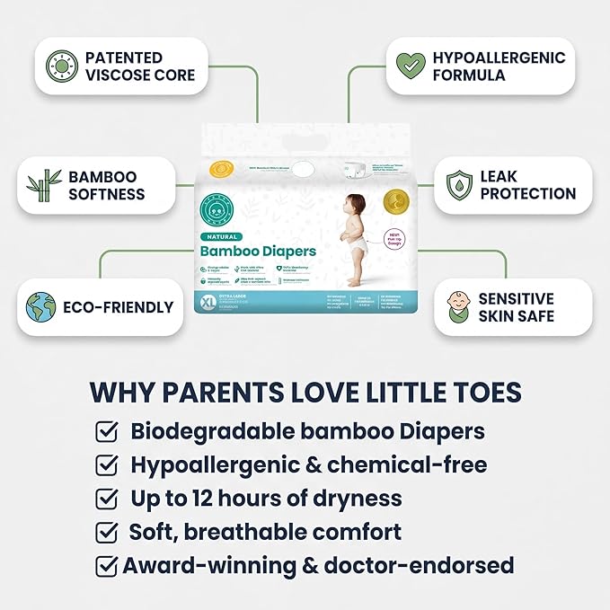 Little Toes Natural Bamboo Disposable Baby Diapers - Hypoallergenic, Sensitive Skin Safe, Patented Viscose, Day & Overnight 100% Absorbency and Leak Protection, Eco Friendly (Size 5 X-Large 36 Count)