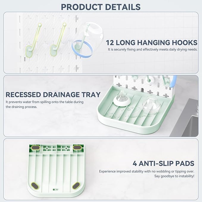 Baby Bottle Drying Rack Baby Bottle Holder Space Saving Bottle Dryer Rack Station Countertop Storage Organizer 12 Travel Bottle Drying Rack Vertical Breast Pump Part Plastic Bag Cup Dryer Tower Green