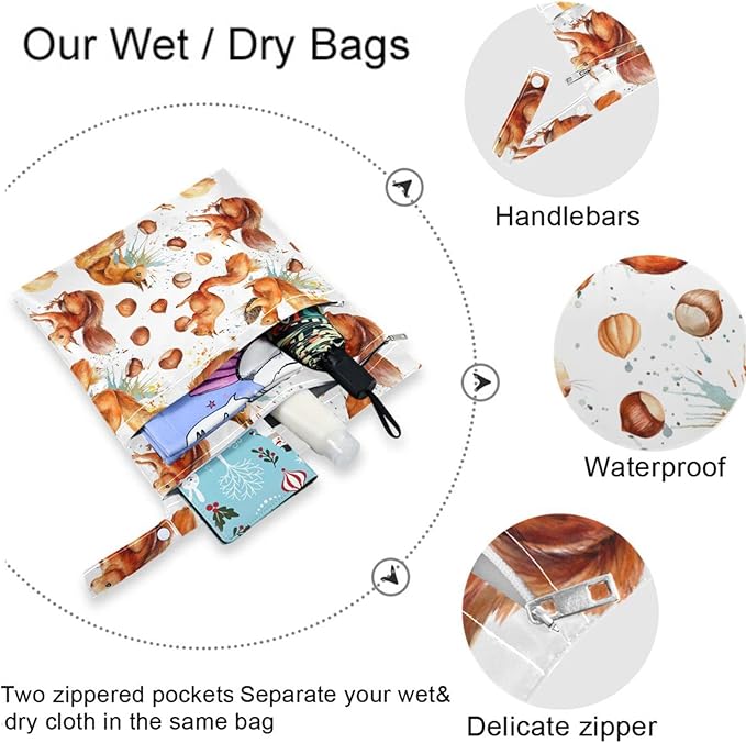 visesunny Cute Squirrel Hazelnut 2Pcs Diaper Changing Totes Wet Bags with Zippered Pockets Washable Reusable Roomy Cloth Diaper for Travel,Beach,Daycare,Stroller,Dirty Gym Clothes,Wet Swimsuits,Toilet