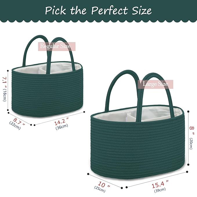 COMSE Large Baby Diaper Caddy Organizer for Girl Boy, Car Caddy with Handles, Cotton Rope Basket for Changing Table, Nursery Organizer, Gift for Baby Shower and Registry Must Have, Dark Green
