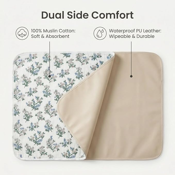 Baby Diaper Changing Pad, 19.7"x25.6" Waterproof Changing Pad Liners with 100% Muslin Cotton Front Top and Leather Back, Soft and Absorbent Portable Changing Mat for Travel, Changing Station