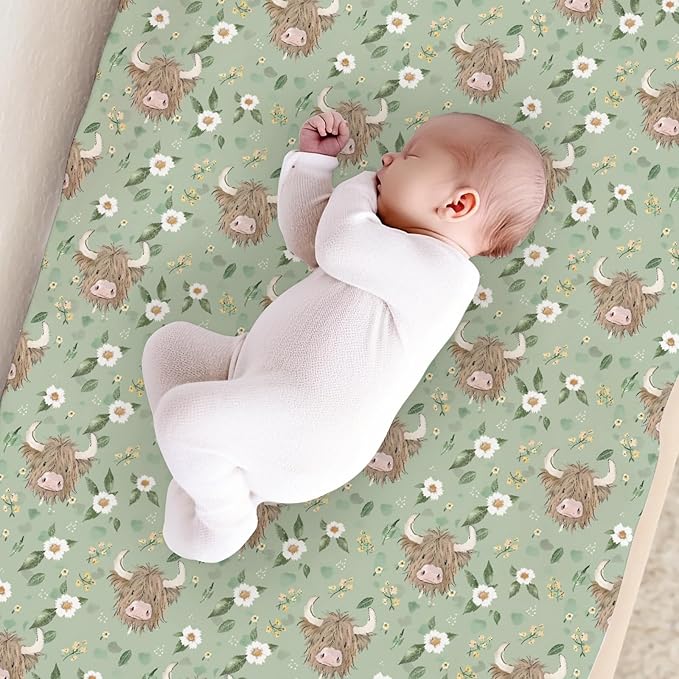 Farm Highland Cow Floral Flowers Leaves Baby Changing Pad Cover, Unisex Western Cow Nursery Diaper Changing Table Pad Mat Sheet for Boys Girls-16x32