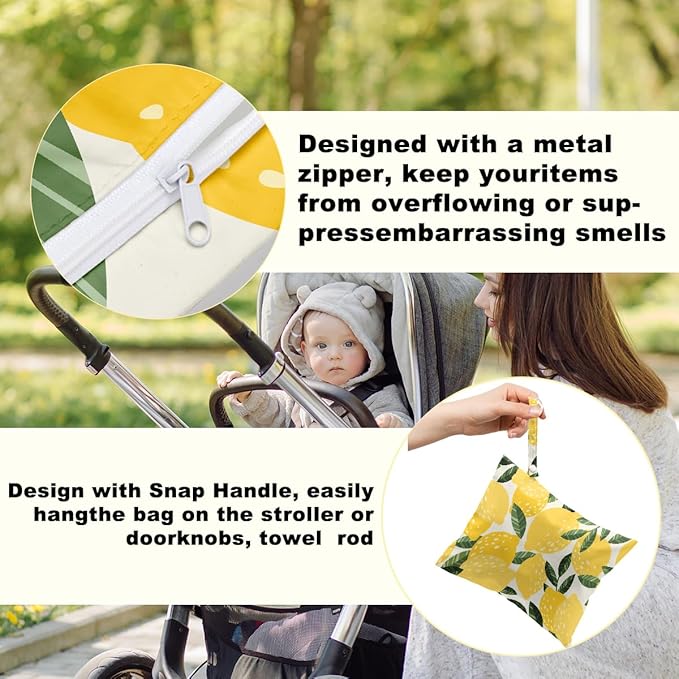 2Pcs Lemon Orange Print Wet Bags, Wet Dry Bag Reusable for Swimsuit, Travel, Diapers, Beach, Dirty Yoga Gym Clothes, Toiletries, Makeup Bag, Waterproof Birthday Christmas Gifts