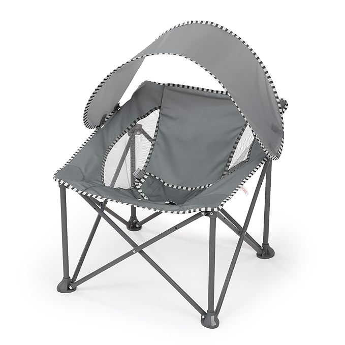 Bright Starts Pop 'N Chill Baby Chair Travel Seat, Indoor/Outdoor Use, Infant Seat with UPF 50+ Canopy, Grey, Ages 0-6 Months