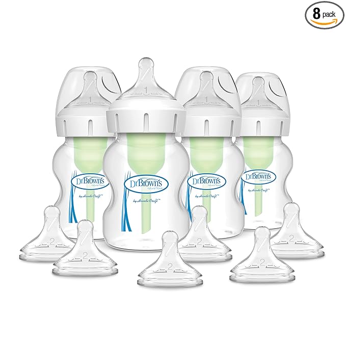 Dr. Brown’s Natural Flow® Anti-Colic Options+™ Wide-Neck Baby Bottle, 5 oz/150 mL, Level 1 Nipple, 4-Pack, 0m+ with 6-Pack Level 2 Nipples