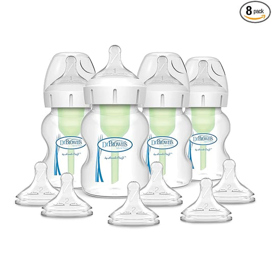 Dr. Brown’s Natural Flow® Anti-Colic Options+™ Wide-Neck Baby Bottle, 5 oz/150 mL, Level 1 Nipple, 4-Pack, 0m+ with 6-Pack Level 2 Nipples