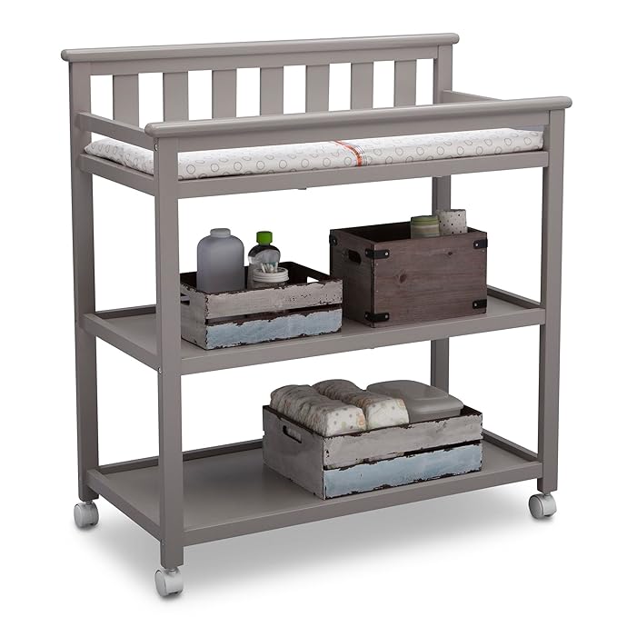 Delta Children Flat Top Changing Table with Wheels and Changing Pad - Greenguard Gold Certified, Grey