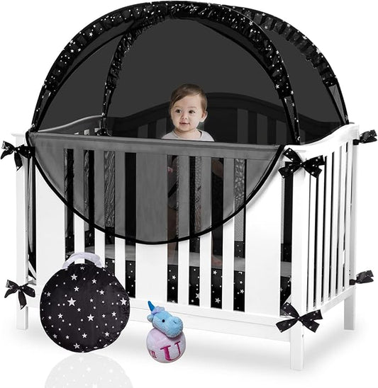 Crib Tent Safety Crib Net to Keep Baby in, Black Pop up Cribs Cover to Keep Baby from Climbing Out, Breathable Mesh Blackout Mosquito Net for Toddler Bed