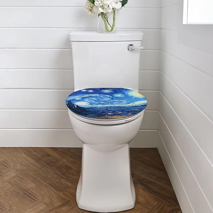 Starry Night Print Toilet Lid Cover Flannel Fabric Toilet Cover Set Stretch Washable Protector Cover Suitable for Home School Hotel Dormitory Apartment Bathroom Decoration