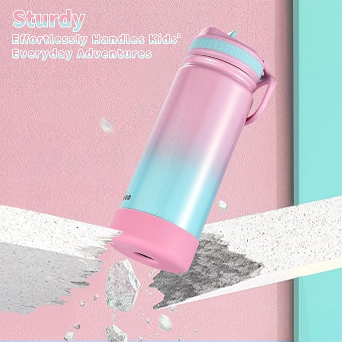 mininoo Kids Water Bottle for School, 16oz Stainless Steel Insulated Water Bottle Kids with Straw Lid for Girls, Boys