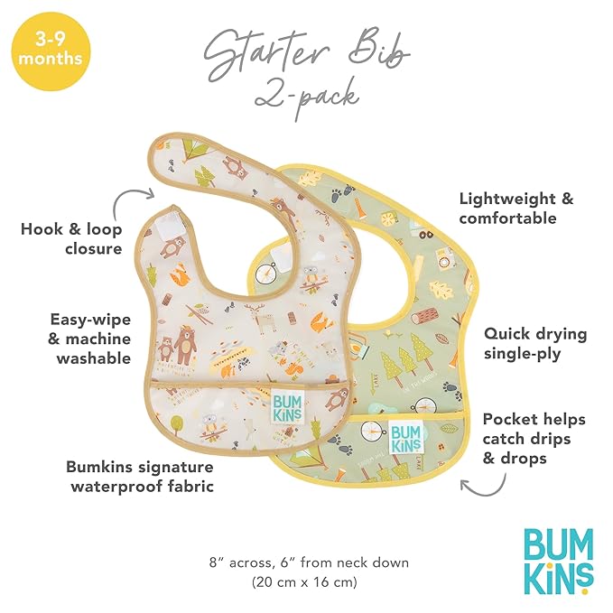 Bumkins Bibs, for Baby Girl or Boy, Infant 3-9 Months, Essential Must Have for Eating, Feeding, Baby Led Weaning Supplies, Mess Saving Waterproof Soft Fabric, Starter Bib 2-pk Camp Gear Green