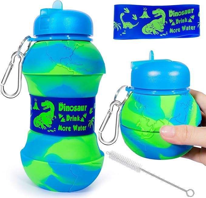 Dinosaur Water Bottle for Kids Toddler Boys 19oz 550ml Collapsible Silicone Foldable Bpa Free Leakproof Sports Water Jugs for School Sports Travel with Flip Spout Christmas Birthday Gifts Green Blue