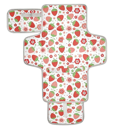 Portable Changing Pad for Baby - Strawberry Waterproof Diaper Changing Mat Travel Changing Pad with Built-in Pillow - Shower Gift for Baby