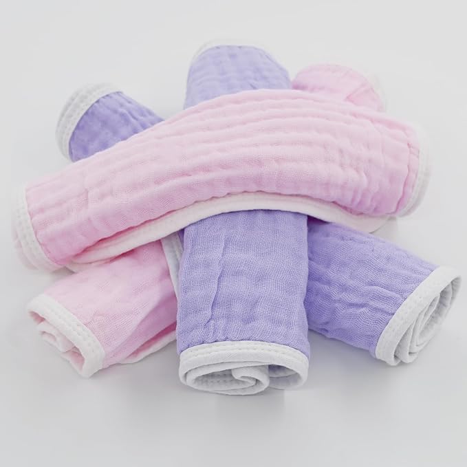 Synrroe Burp Cloths Large, Muslin Burp Cloths for Baby Girls, Pack of 4 Extra Absorbent and Soft Muslin, 6 Layers 20 by 10 Inches 100% Cotton (Pink-Purple 4 Pack)